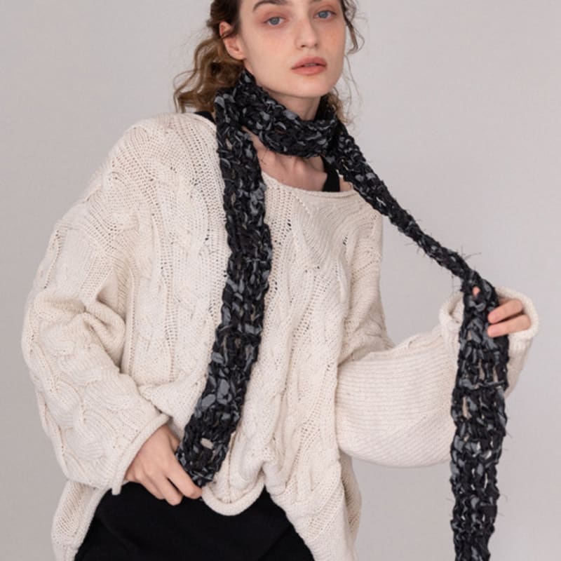 Slowslowly No.187 / Denim Crochet Skinny Muffler _ Dark blue, light blue, black