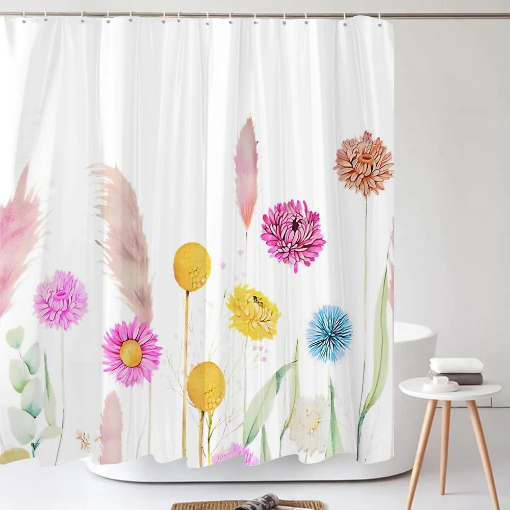 Waterproof Shower Curtain with 12 Hooks Fresh Flowers Leaf Plant Printed Bath Curtains Polyester Cloth Bathroom Accessories