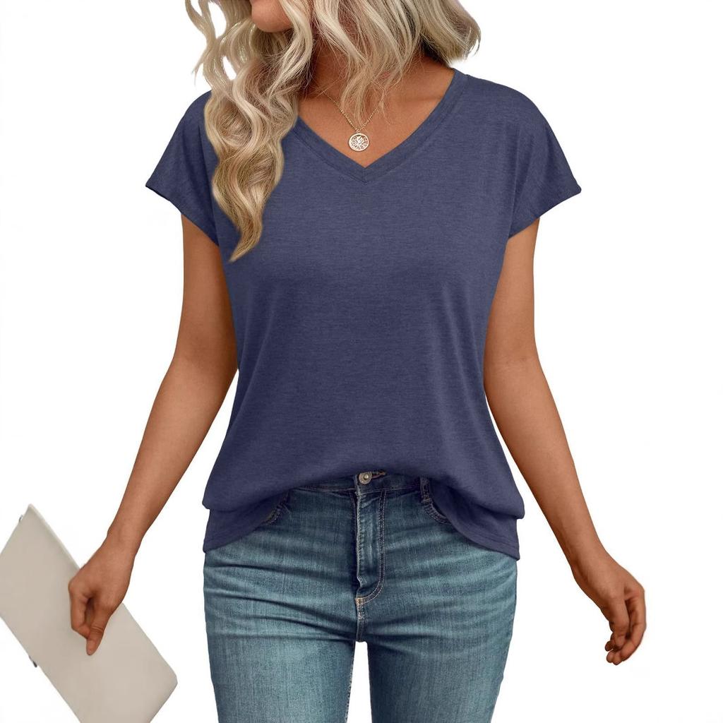 Spring and summer new European and American women's clothing solid color V-neck short-sleeved T-shirt loose casual top