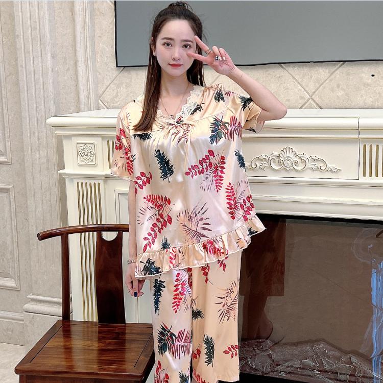 Pyžama Summer Capris Dámské Pyžamové soupravy Krátké Rukávy Elegantní Pižama Satén Hedvábí Povlečení na spaní Domácí oblečení