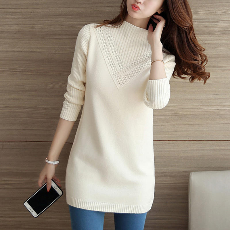 Korean Sweater Women Half Turtleneck Pullover Mid-length Knitted Sweater Women's Knitwear Solid Color Thick Jumper Sweater Autumn and Winter
