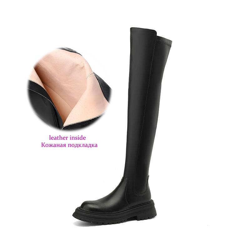 Krazing Pot Microfiber Autumn Winter Shoes Med Heels Flat Platform Size 42 Over-the-knee Boots Slip On Elastic Thigh High Boots