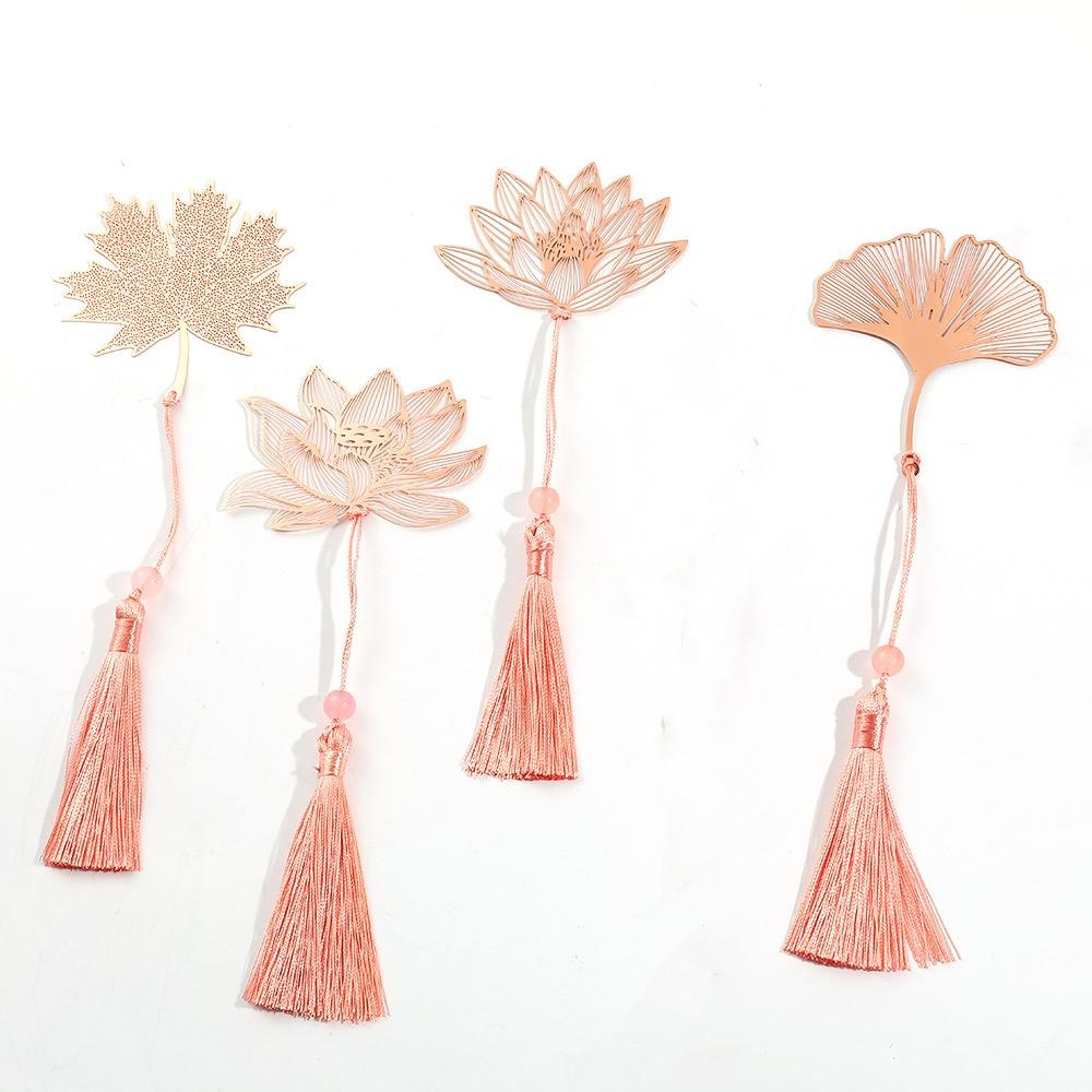 Pink Flower Metal Hollow Bookmarks With Tassel Pendant Apricot Leaf Lotus Rose Bookmark Gifts For Teachers Friends Book Lovers