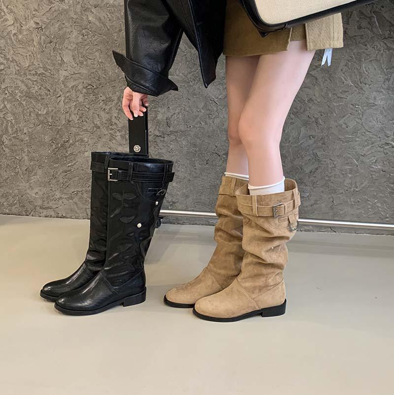 

Sheepskin version~ Suede but knee boots women s 2025 new thick heel round head stacking boots pleated versatile high boots 40 хаки