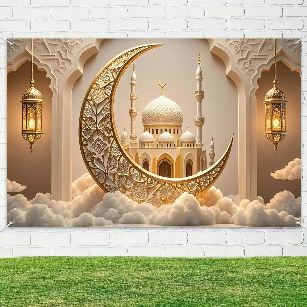 Ramadan Decorations Islamic Crescent Moon Mosque Eid Mubarak Banner Muslim Home Decor Ramadan Kareem Sign Iftar Party Supplies Background Wall