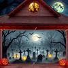 Halloween garage door banner featuring a spooky graveyard scene with bats, full moon and skull decorations