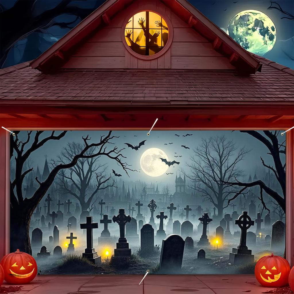 Halloween garage door banner featuring a spooky graveyard scene with bats, full moon and skull decorations