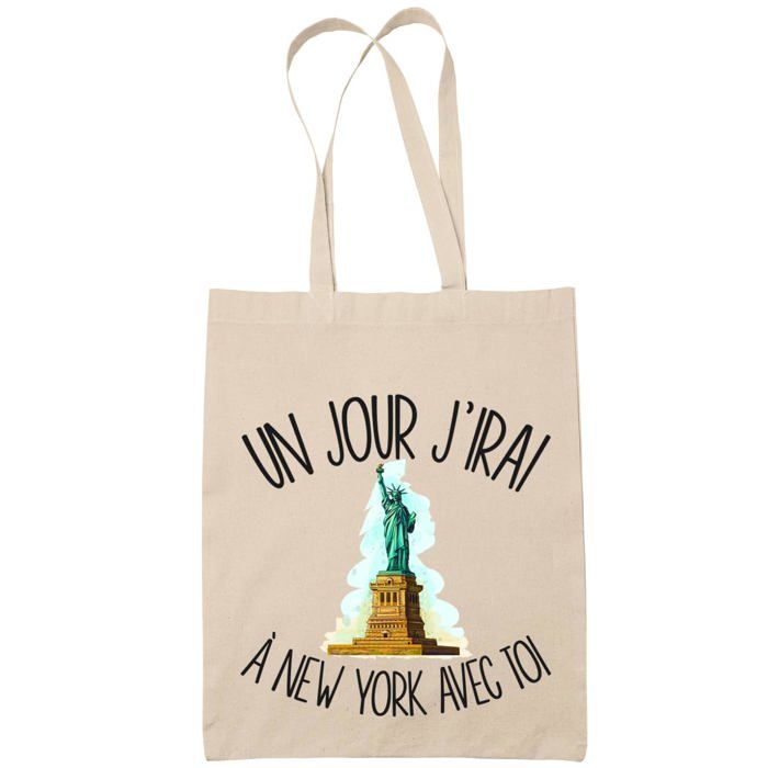 Tote bag - PLANETEE - New York « avec toi c'est la vie » - Coton imprimé en France - Beige - Grande contenance