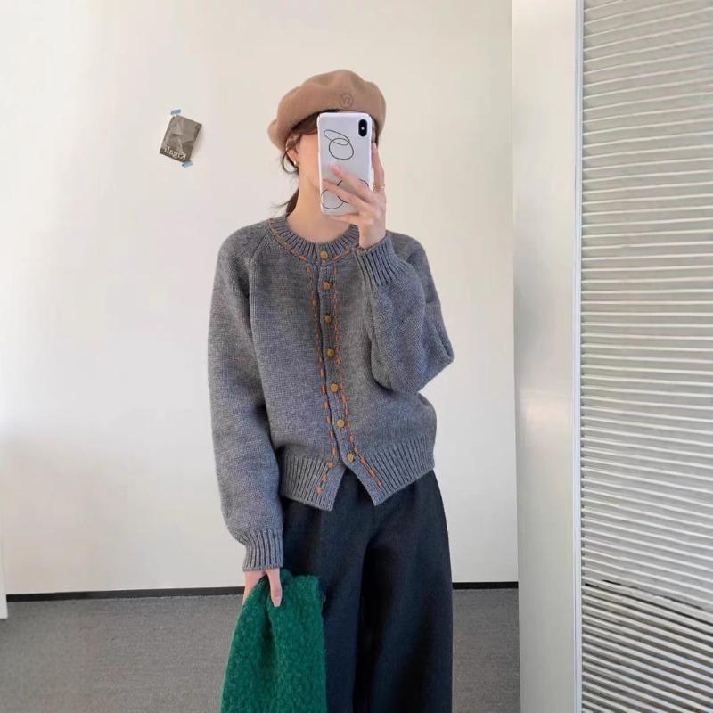 Contrasting Color Rope Design Sense Knitted Cardigan Spring New Round Neck Loose Single-breasted Sweater Jacket Women