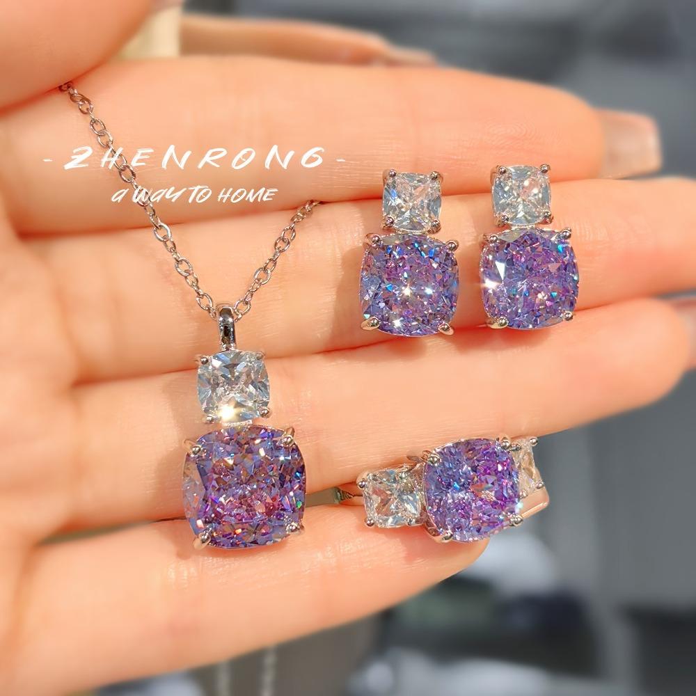 

Women Jewelry Set Fashionable Purple Spodumene Necklace High Carbon Diamond Earrings Ice Cut Ring Gemstone Suit