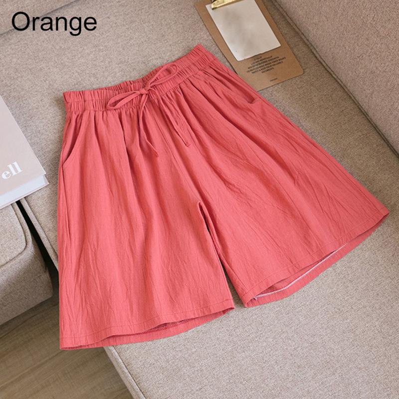 Frauen Einfarbig Elastische Taille Shorts Kordelzug Breite Bein Hosen Sommer Baumwolle Leinen Strand Shorts