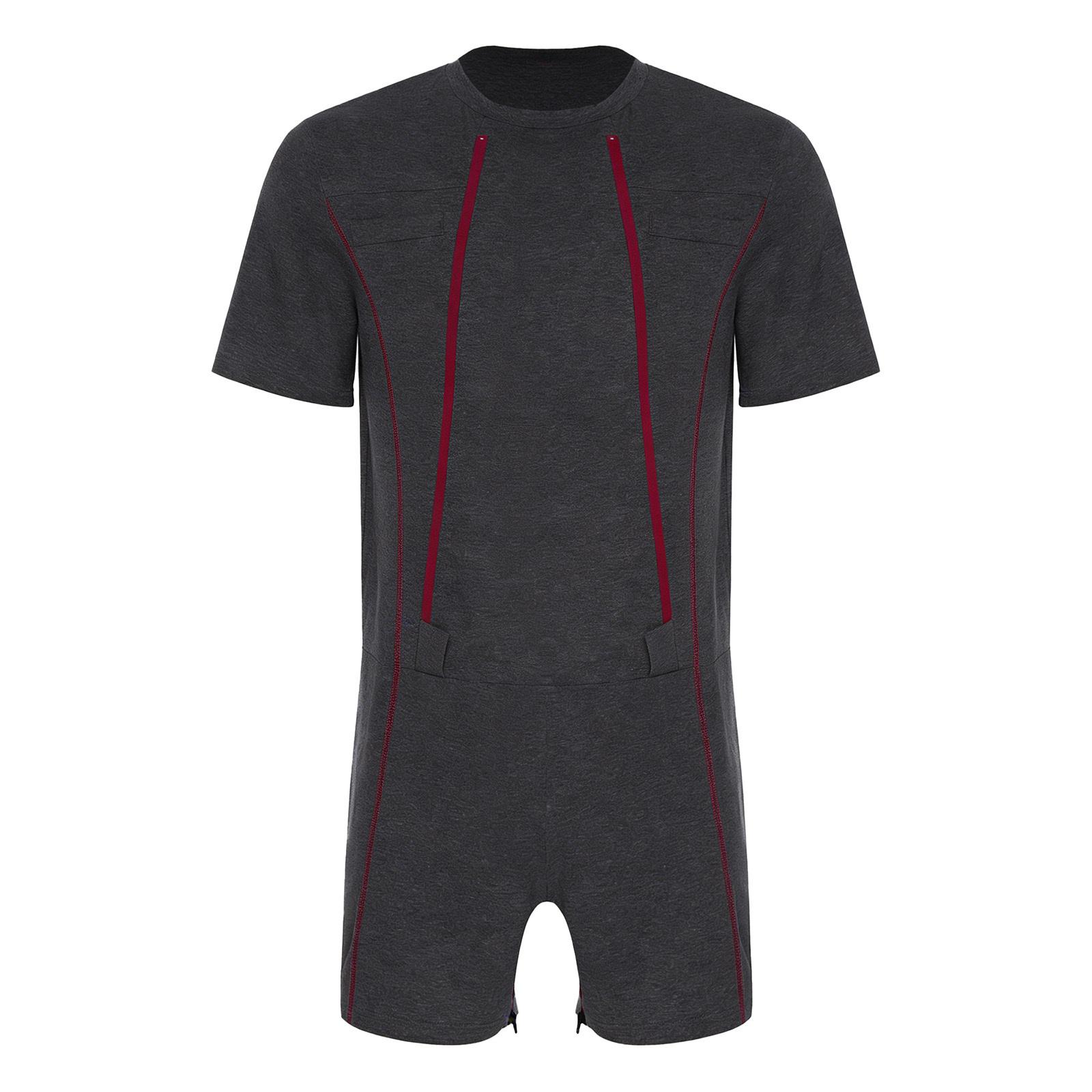 HULIJA Heren Anti-strip Jumpsuit Voorkant Dubbele Rits Kruis Korte Mouw Alzheimer Ouderen Adaptieve Rompers Verzorgend Verpleging S donkergrijze kleur
