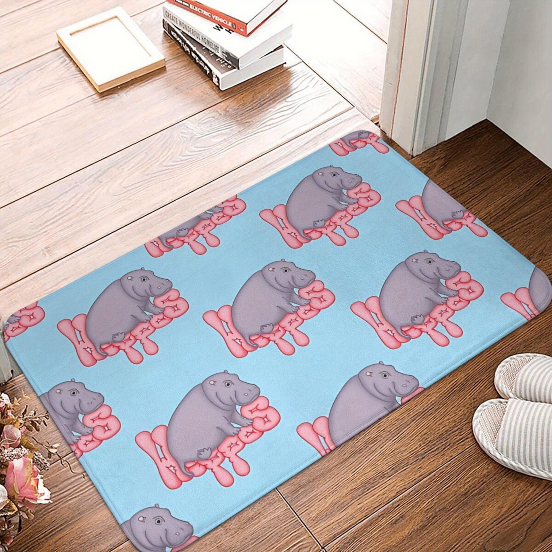 

Hippo Pattern Doormat, Light Blue Background with Pink Text Print, Machine Washable Polyester Floor Rug for Entryway Living Room 40x60cm