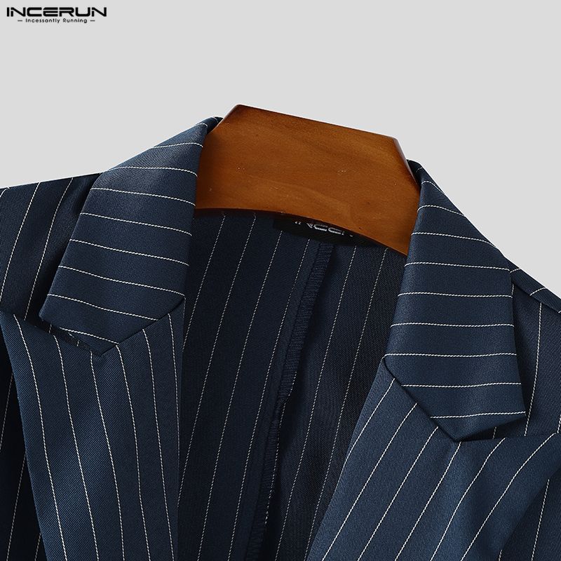 INCERUN Men Sets Lapel Neck Striped Belt Blazer Tops Trousers Long Pants Casual Suits