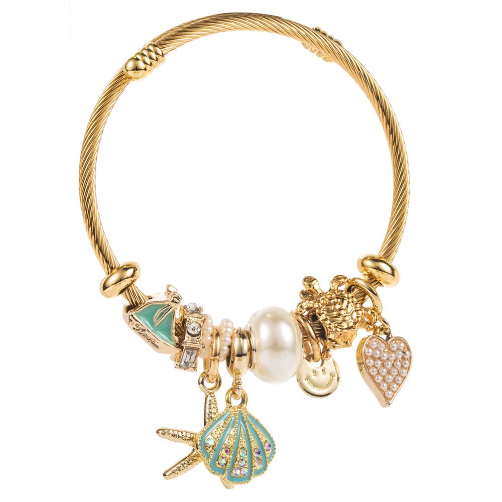 Inlaid Diamond Starfish Shell Pendant Adjustable Bracelet Beach Vacation Style Women's Jewelry