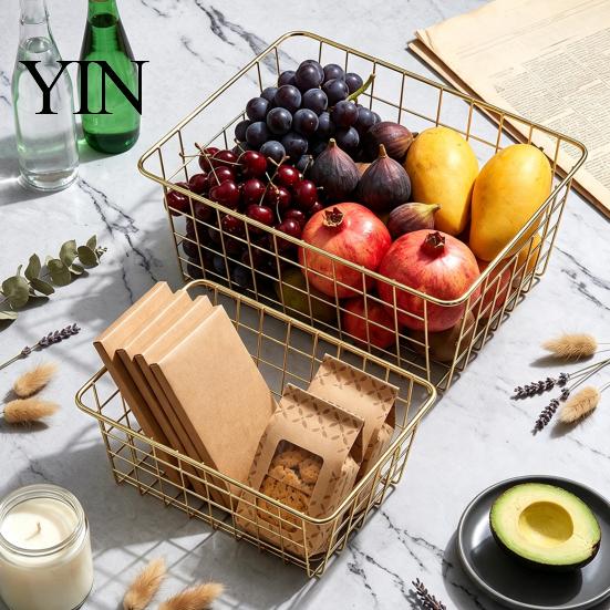 Decorative Metal Grid Baskets Iron Storage Basket, Nordic Style Wire Organizer Bin, Large Breathable Mesh Boxes Capacity Container for Kitchen