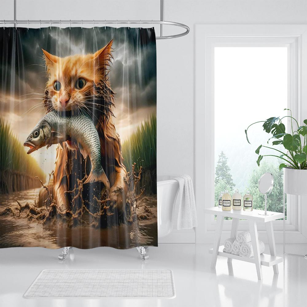 Funny Cat Shower Curtain, Dinosaur Cat Dog Animal Shark Funny Ocean Coral Goldfish Bathtub Bubbles Kids Cartoon Bathroom Decor