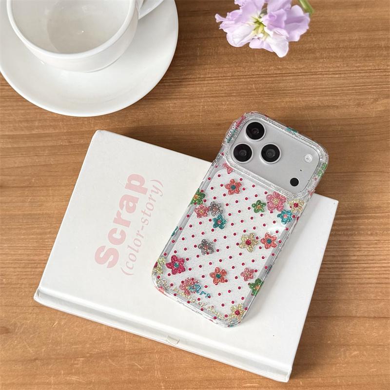 Soft Pink Flower Polka Dot Glitter Clear Case With Wrist Strap For iPhone 15 16 17 Pro Max INS Kawaii Shockproof Cover