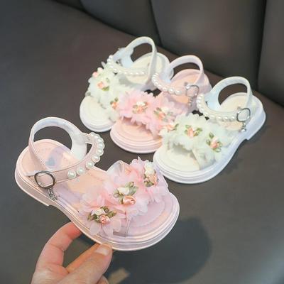 Sandálias de flores para meninas, sapatos de princesa fofos para festa, casamento, sandálias de couro infantis, estilo francês, moda verão chique 2024, novo