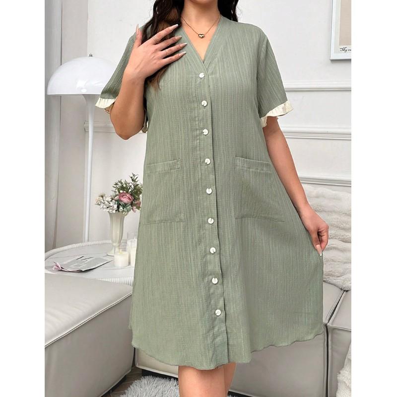 Womens V-Neck Cardigan Dress Pajamas Loose Plus Size Loungewear
