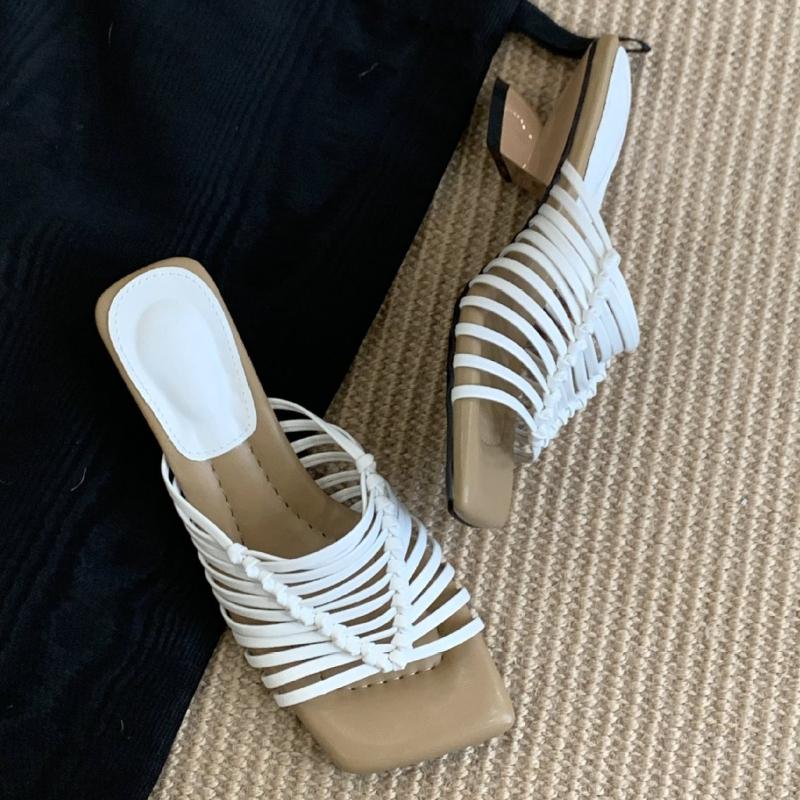 Fashion Retro Narrow Band Woven Slippers Women Fashion Square Toe Open Toe Slide Sandals Roman Style High Heeled Sandal Zapatos De Mujer