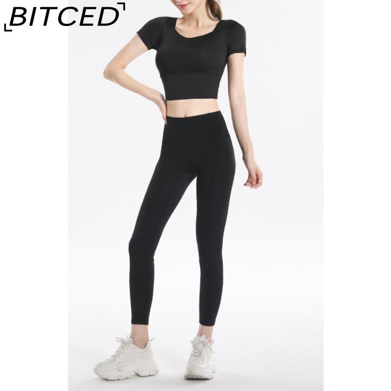 BITCED Women's Quick-Dry Short-Sleeve Sports Top with Built-in Bra, Plus Size Yoga Wear, Morning Run Fitness Set for Summer and Fall