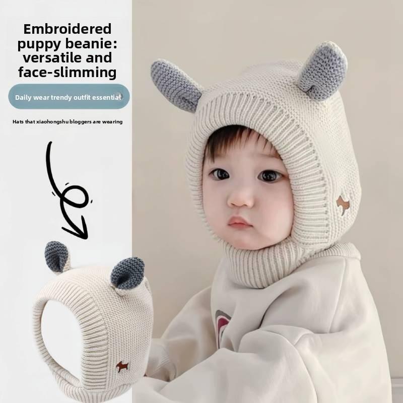 Baby Kids Knit Hat With Cute Dog And Bear Ears For Winter Warmth And Windproof Protection