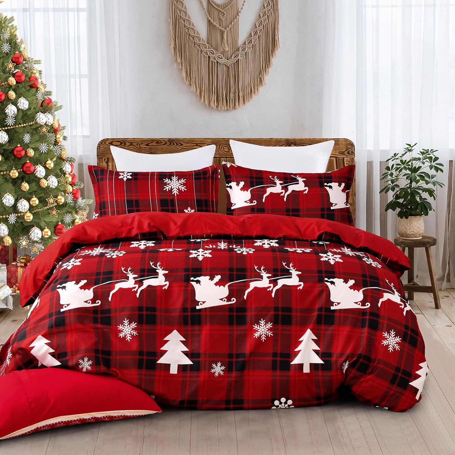

Christmas Duvet Cover Set Queen Size Red Buffalo Plaid Duvet Cover Pattern Soft Checkered Christmas Bedding Gift Bedroom Decor 90X200cm