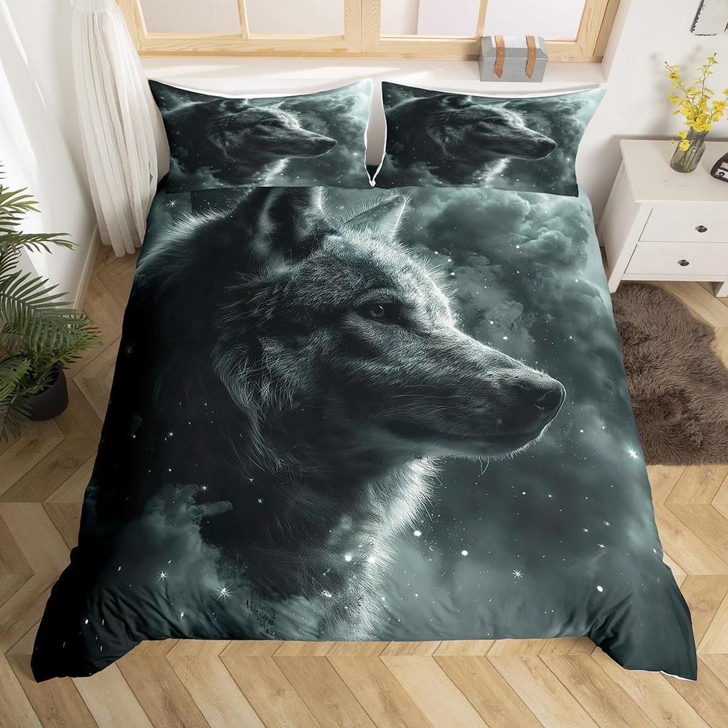 Comforter Wolf Twin King Size Roaring Wolves Wildlife Bedding Set Aurora Animals Galaxy Print Comforter For Kids Boys
