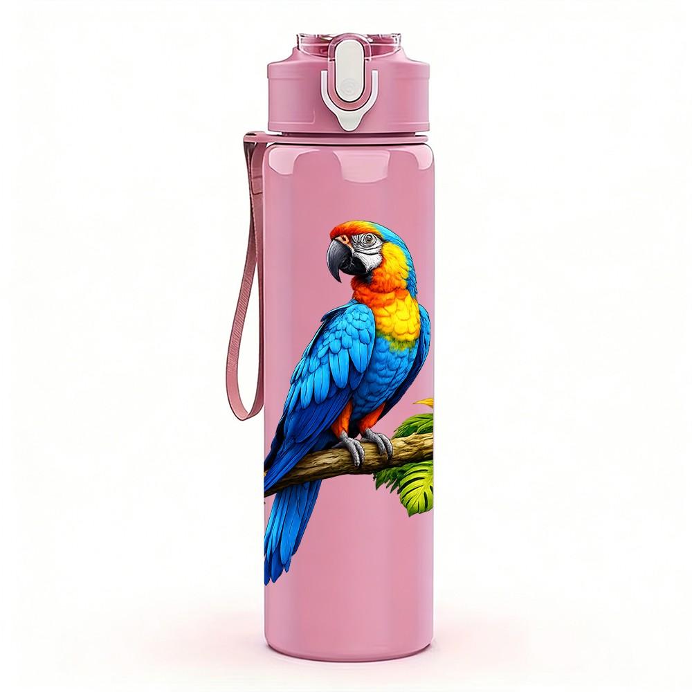 1PC Blue Parrot Bird On Tree Branch Print 750ml Color Plastic Sports Water Bottle Leakproof Flip Straw Lid Suitable for Sports Office Home Use