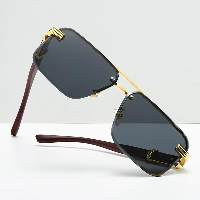 Box Sunglasses, Gu Shuangqiao Frameless Glasses, Wooden Temple Light Polycarbonate Frame, Half Frame Cut Edge Sunscreen Sunglasses
