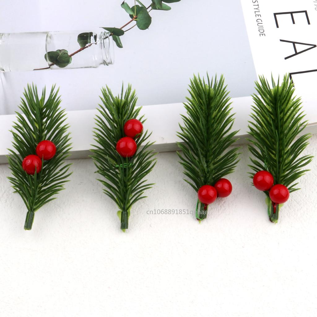 20/5pcs Christmas Red Berry Pine Cone Holly Branches Artificial Pine Needles Xmas Tree Ornament Home Decoration DIY Wreath Gift