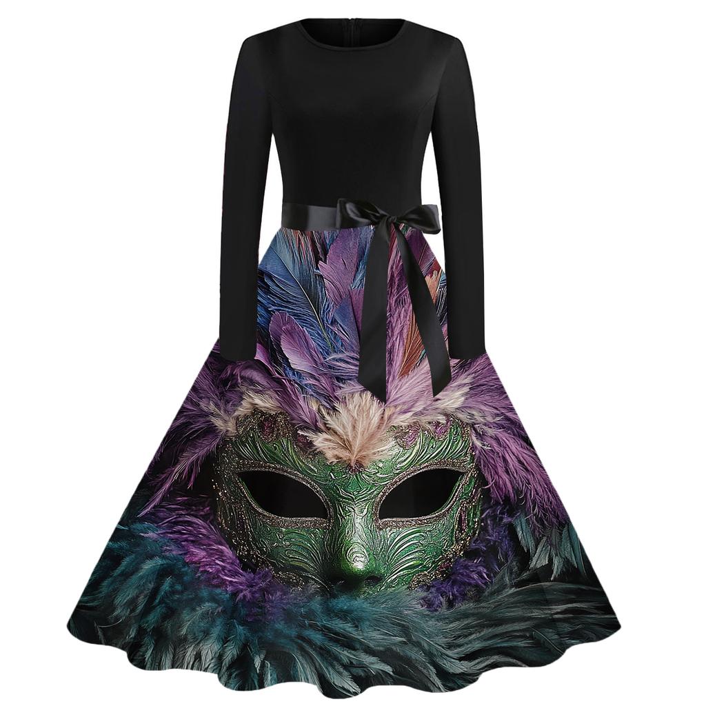 Damen Casual Mode Rundhals Karneval Bedrucktes Vintage Kleid