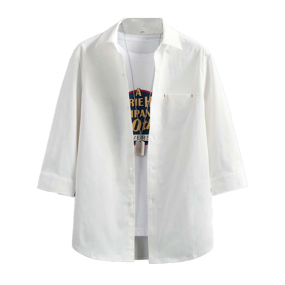 

Yezai Men s Summer Shirt, 3/4 Sleeve Dress Shirt, Breathable Ice Silk, Loose Fit with Pockets, Casual, Business, White-2XL