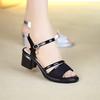 Soft leather women's high heels wear open-toe non-slip 2025 summer new fashionable versatile mid-heel one-button sandals
