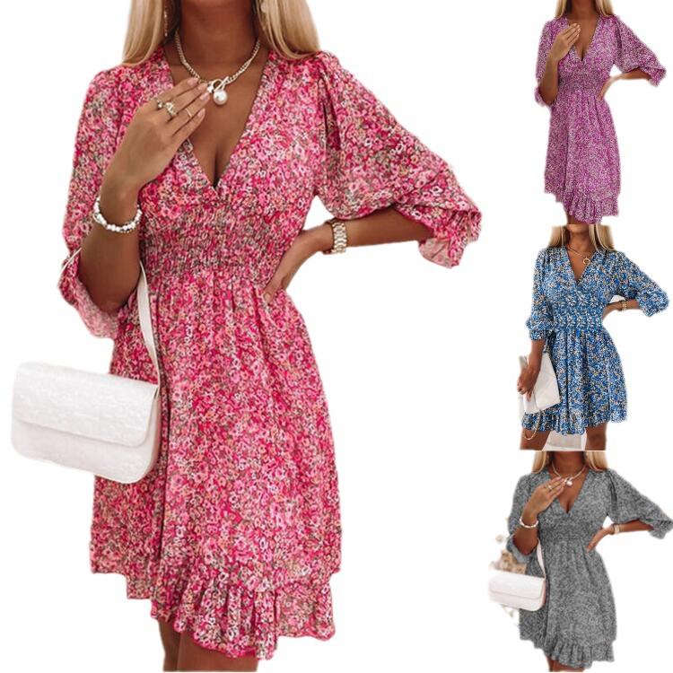 Bohemian Floral Print Mid-Length Pullover Dress with Waist-Gathering and Short Sleeves In 6 Colors