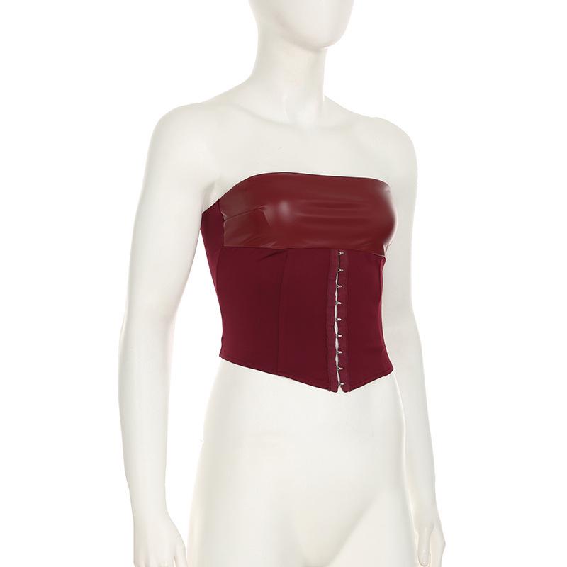 Retro Cross-Border Lace-Up Strapless Waist-Shaping Top and Hollow-Out Leather Skirt Set for Women