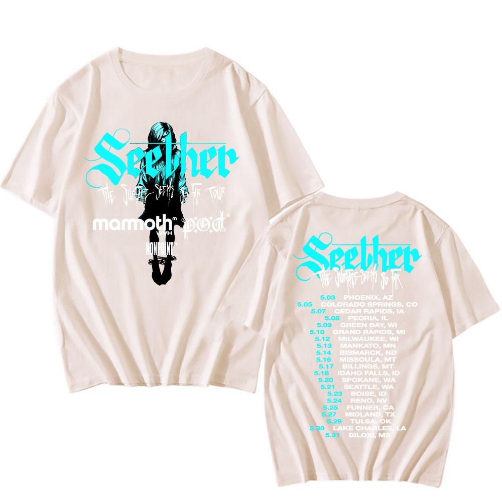 Cotton Tees The Surface Seems So Far Tour 2025 T-shirt Seether Rock Band Printing Tshirts Short Sleeve Summer Unisex Streetwear