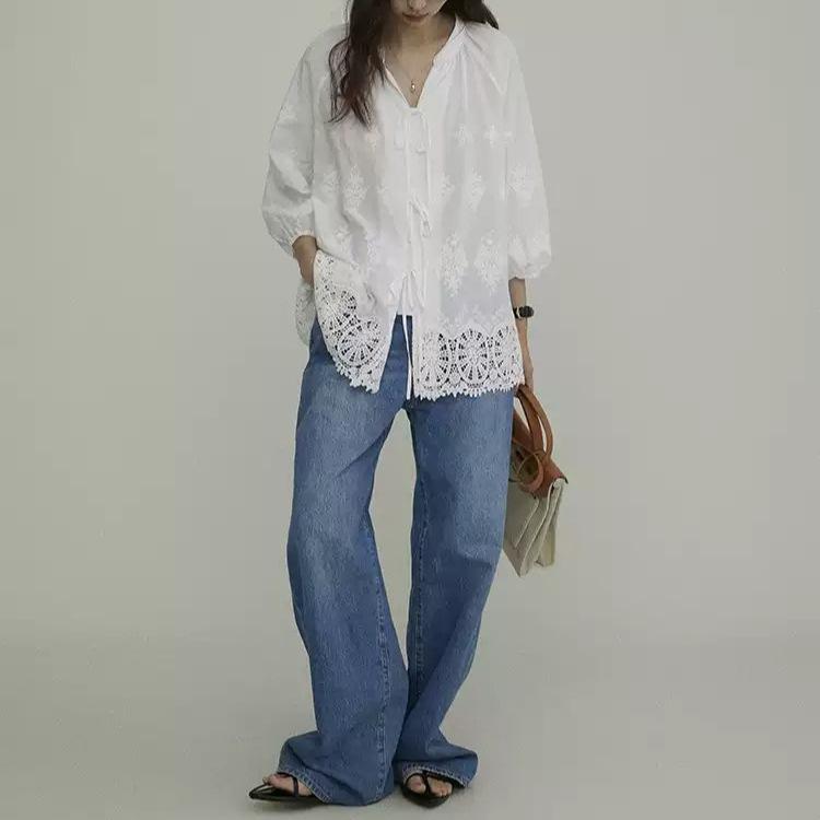 Embroidered lace edge cotton white shirt women's summer high-end niche versatile shirt