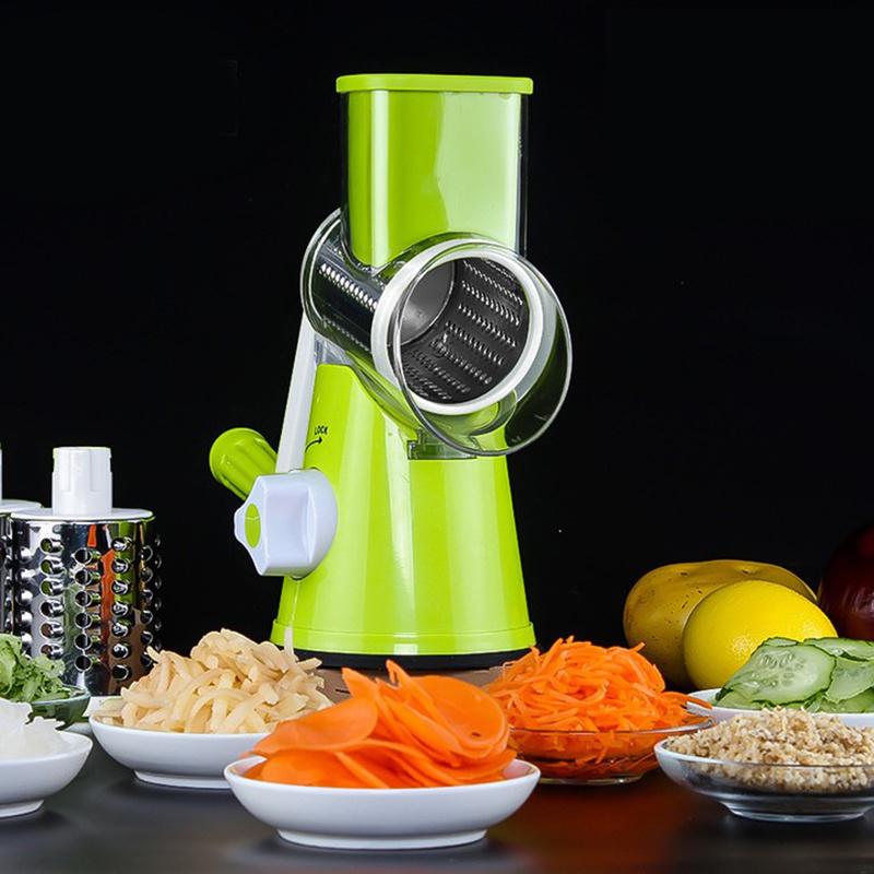 Drehbare Käsereibe Küchen-Mandoline Gemüseschneider mit 3 Klingen für Käse Kartoffel Zucchini Nüsse Schokolade