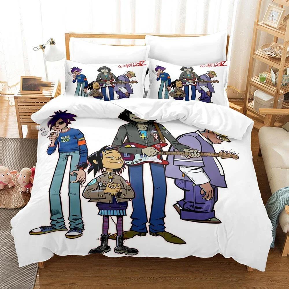 3D-gedrucktes Gorillaz Music Band-Bettwäscheset für Jungen und Mädchen, Zwillings- und Queensize-Bettbezug, Kissenbezug, Bett, Kinder, Erwachsene, Heimtextilien