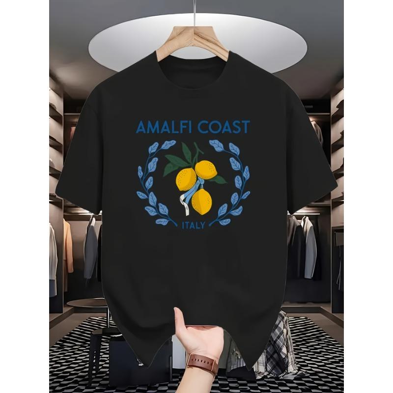 

European sizes Italian Amalfi Coast Lemon Print T-Shirt - Mediterranean Casual Summer Beachwear with Lemon & Amalfi S чёрный