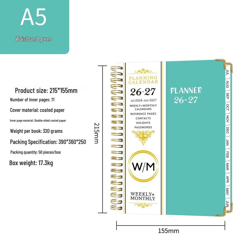 In Stock A5 Cross-border English Notebook 2026-27 Daily Planner with Customizable Coil Binding