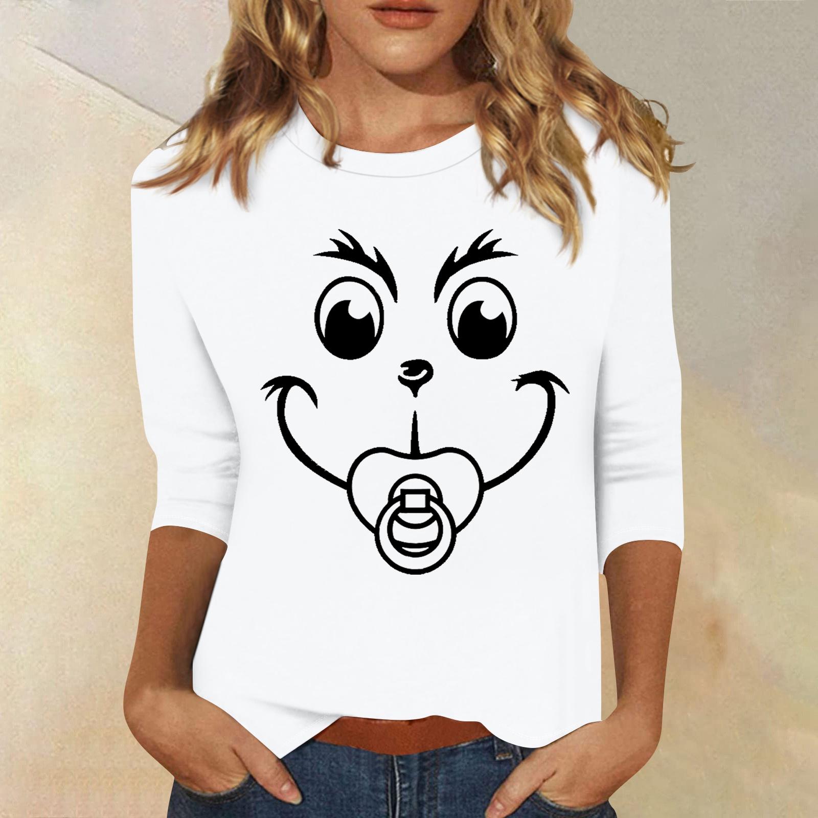 

3/4 рукава топы для женщин футболка повседневные рождественские принты топы футболка круглый вырез пуловер блузка XL белый