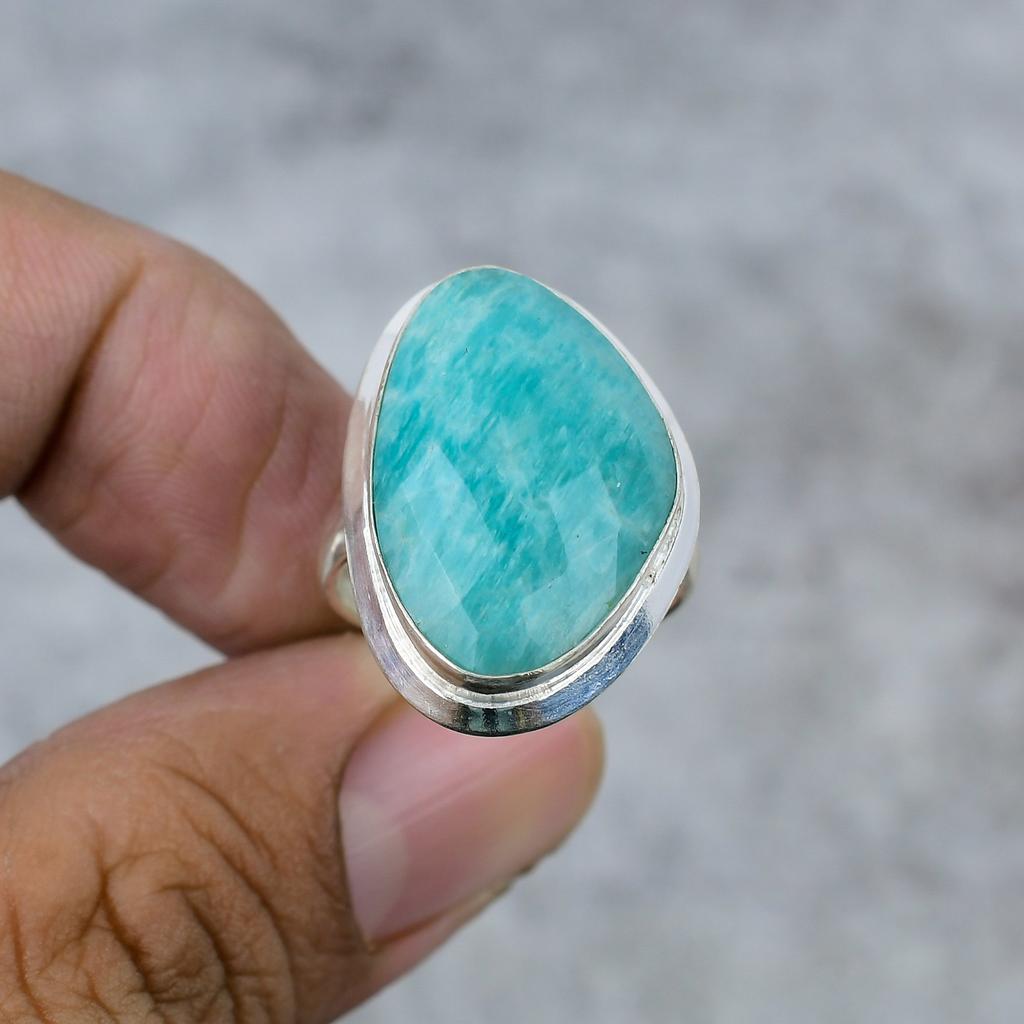 Amazonite Gemstone Handmade 925 Sterling Silver Jewelry Ring Size 9.5 M-254
