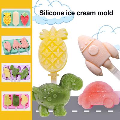 Silicone Ice Cream Mold 3 Cavities Easy Release Dinosaur Car Pineapple Ice Lolly Mold DIY Summer Freezer Ice Stick Container Kitchen Supplies
