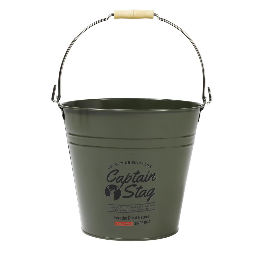 Captain Stag Outdoor Bucket CS Tin Bucket 10L with Wooden Handle, Olive, UM-1620