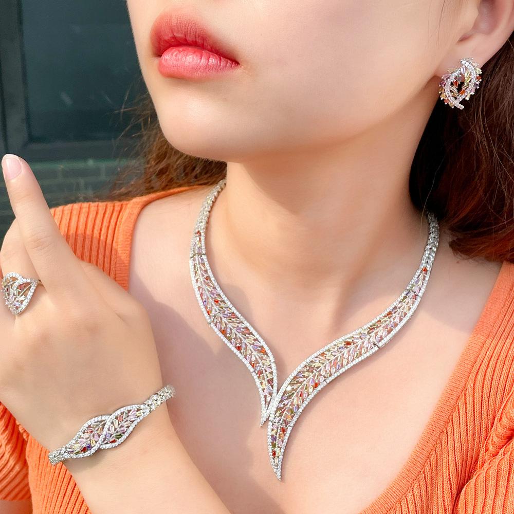 Color Chain Dinner Dress Wedding Match Necklace Earrings Bracelet Ring Four-Piece Jewelry