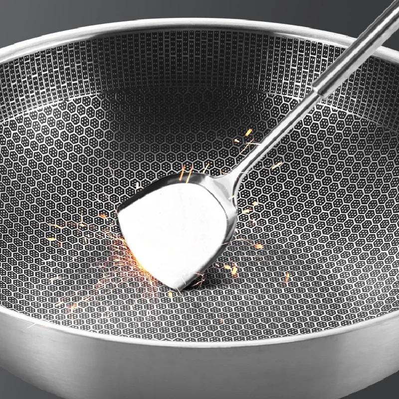 430 Stainless Steel Wok Skillet Thick Honeycomb Handmade Frying Pan Non-Stick Non Rusting Gas/Induction Cooker kitchen cook