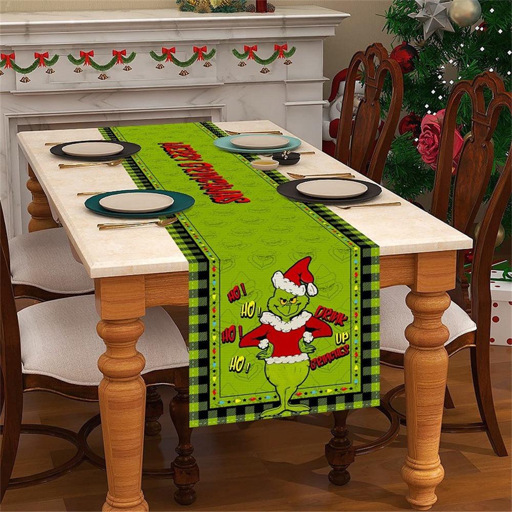 Linen Green Grinch Christmas Table Runner Merry Tablecloth Xmas Holiday Table